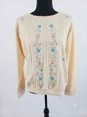 Cream Floral Embroidered Pullover Sweatshirt